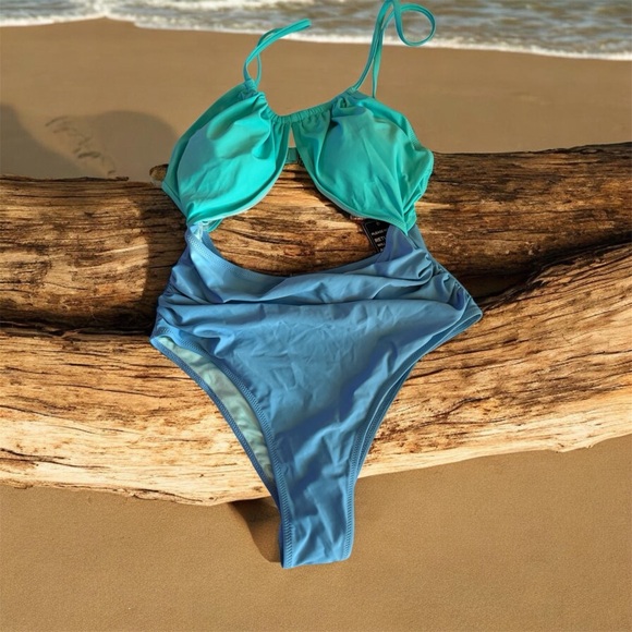 Chic Blue and Teal One-Piece Swimsuit - Picture 5 of 11